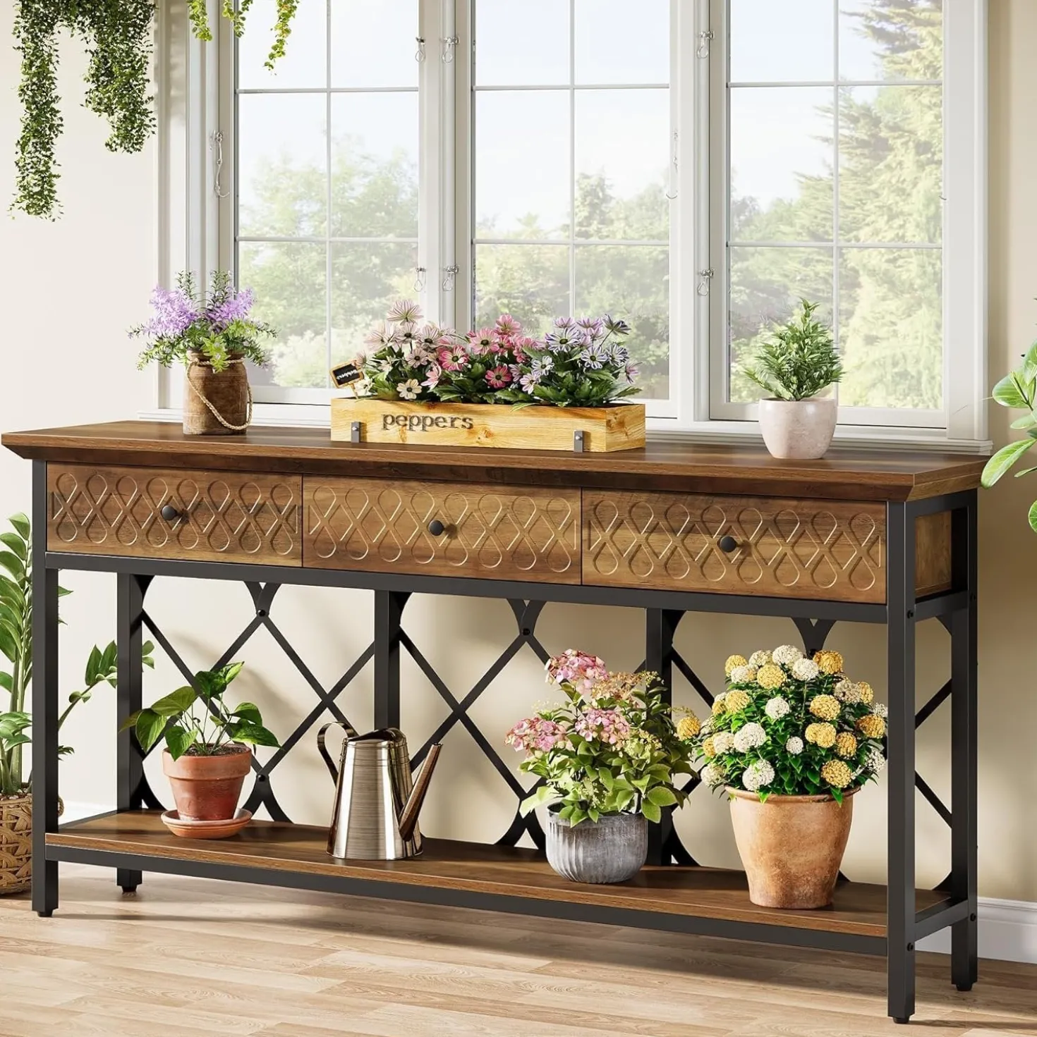 70.8" Console Table, 2-Tier Narrow Entryway Table Sofa Table with 3 Drawers
