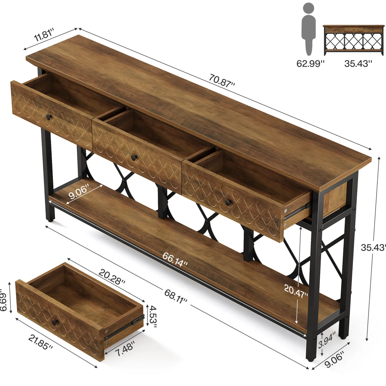 70.8" Console Table, 2-Tier Narrow Entryway Table Sofa Table with 3 Drawers