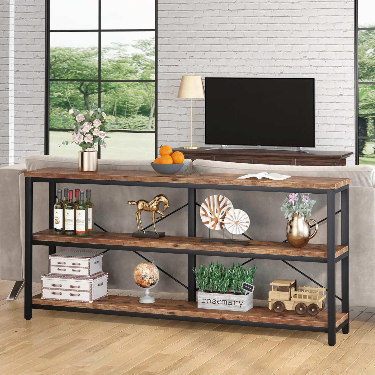 70.9" Console Table, 3-Tier Sofa Table with Metal Frame