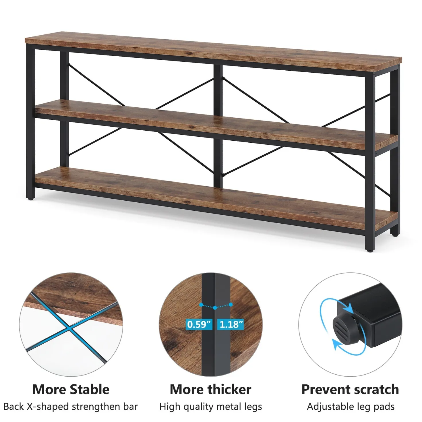 70.9" Console Table, 3-Tier Sofa Table with Metal Frame