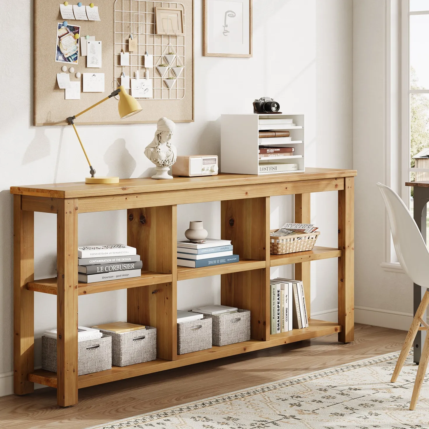 63" Console Table, 3-Tier Solid Wood Sofa Table with 6 Storage Cubes