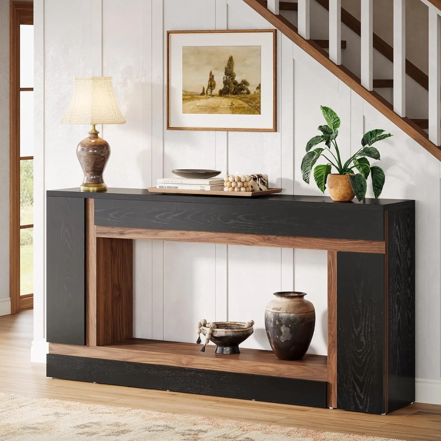 63" Console Table, 2-Tier Wooden Rectangular Sofa Table Hallway Table