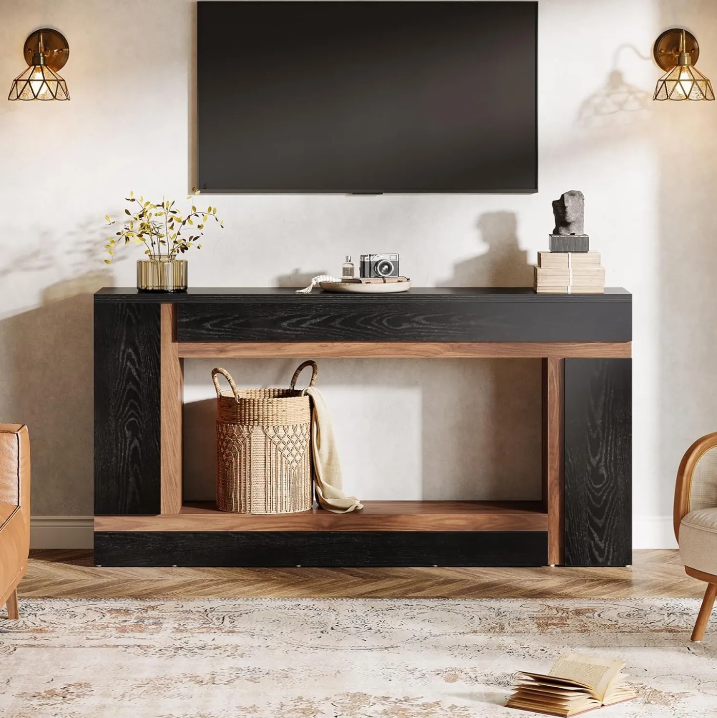 63" Console Table, 2-Tier Wooden Rectangular Sofa Table Hallway Table