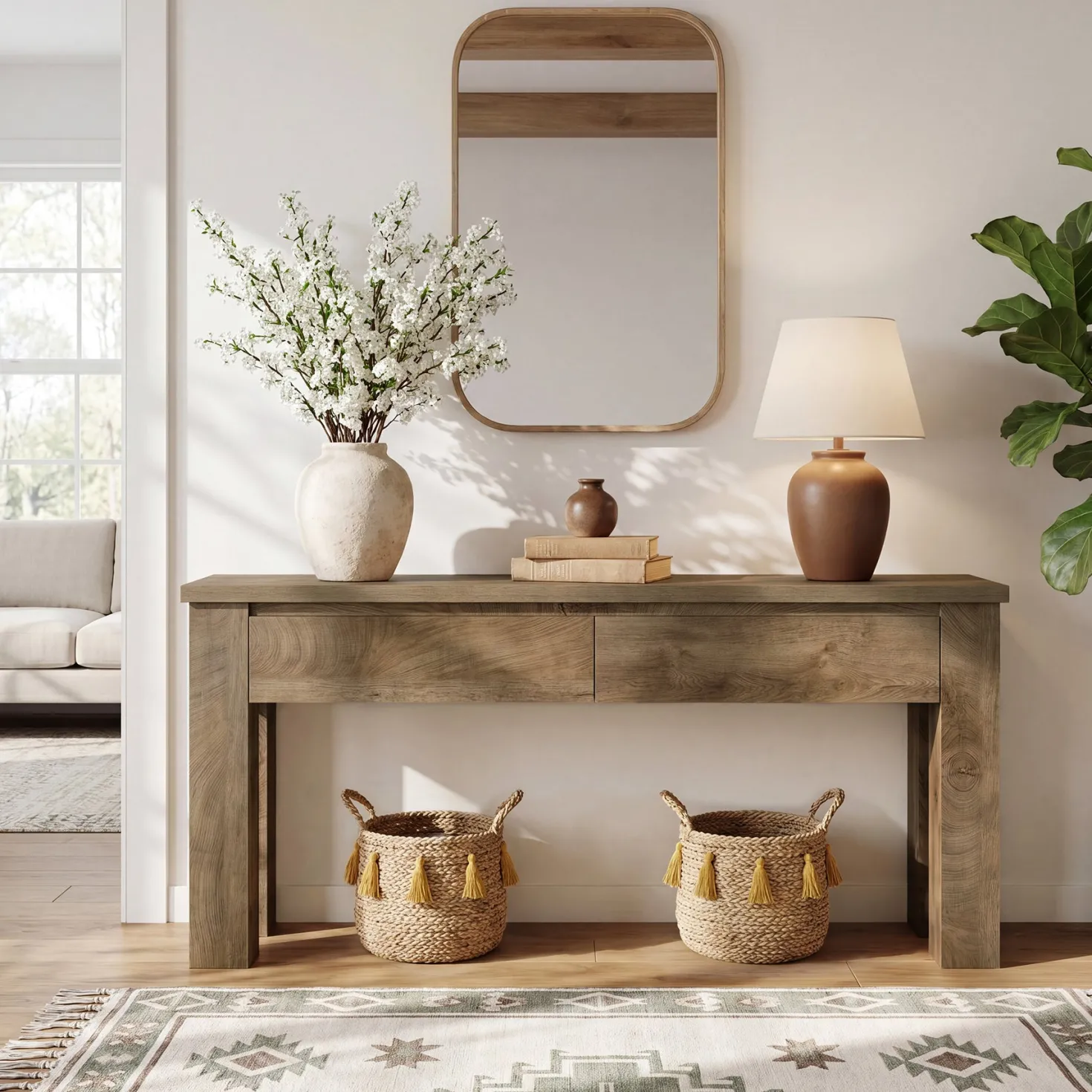 63" Console Table with 2 Drawers, Farmhouse Entryway Sofa Table Behind Couch