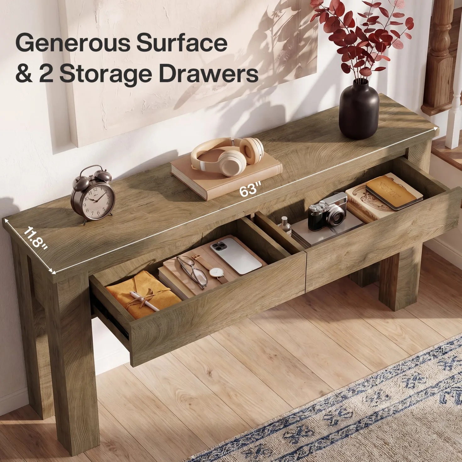 63" Console Table with 2 Drawers, Farmhouse Entryway Sofa Table Behind Couch