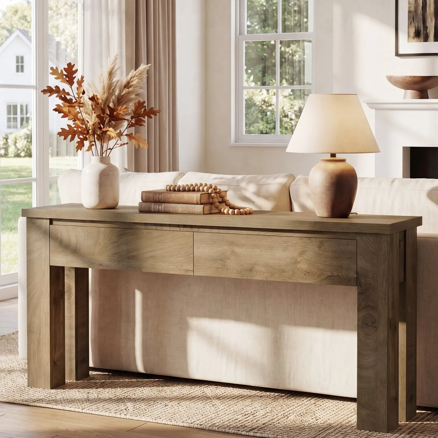 63" Console Table with 2 Drawers, Farmhouse Entryway Sofa Table Behind Couch