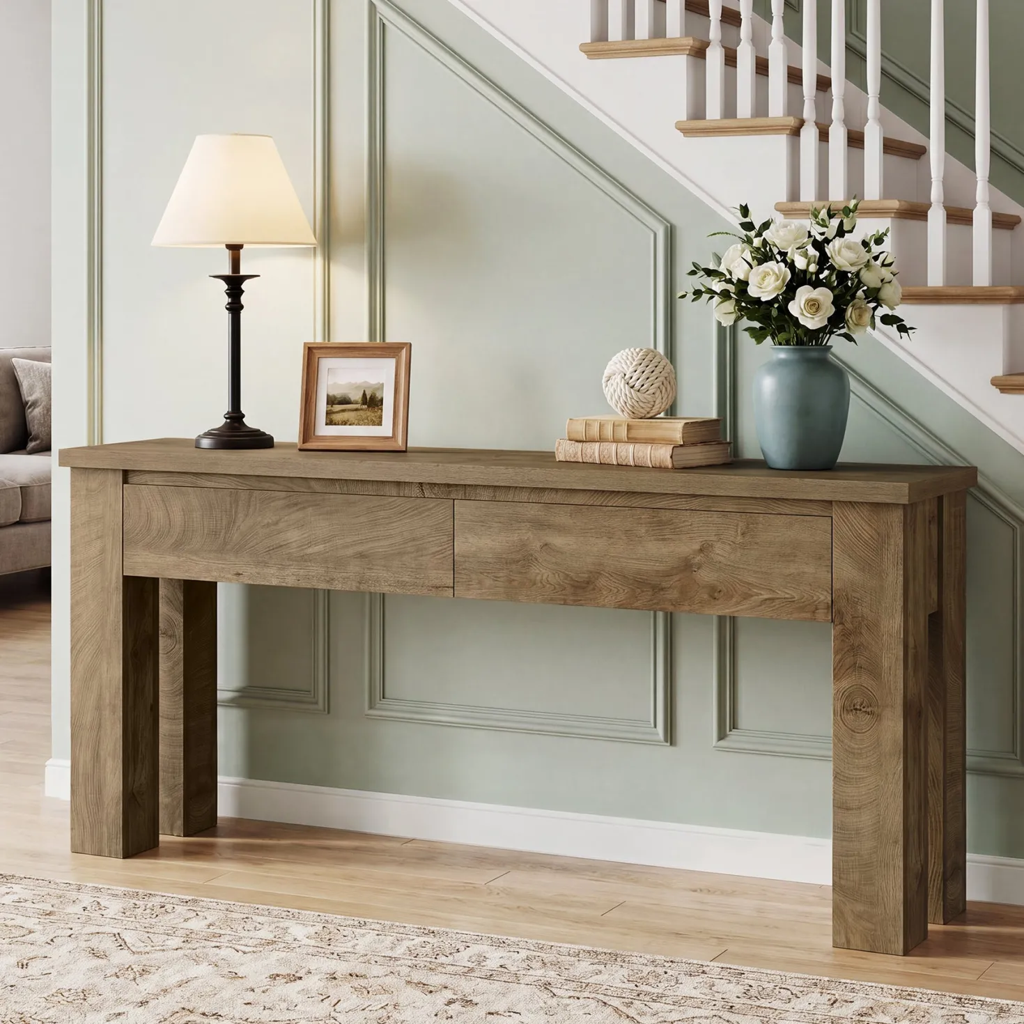 63" Console Table with 2 Drawers, Farmhouse Entryway Sofa Table Behind Couch