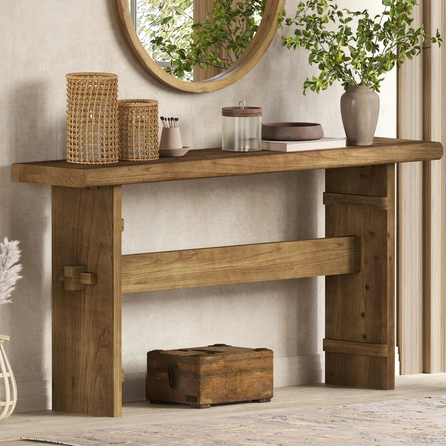 63" Console Table, Wood Entryway Table Sofa Table Behind Couch