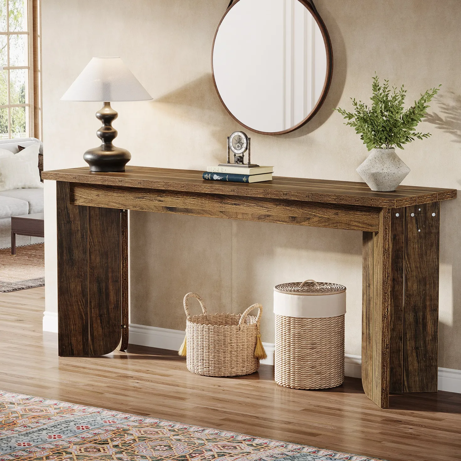 70.9" Console Table, Wood Sofa Table Hallway Table with Double Pedestal