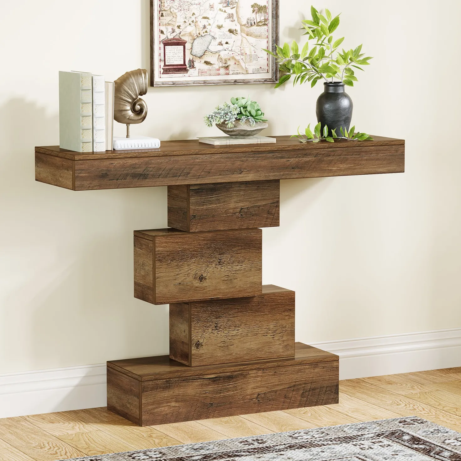 42" Console Table, Wood Sofa Table Accent Table with Geometric Base