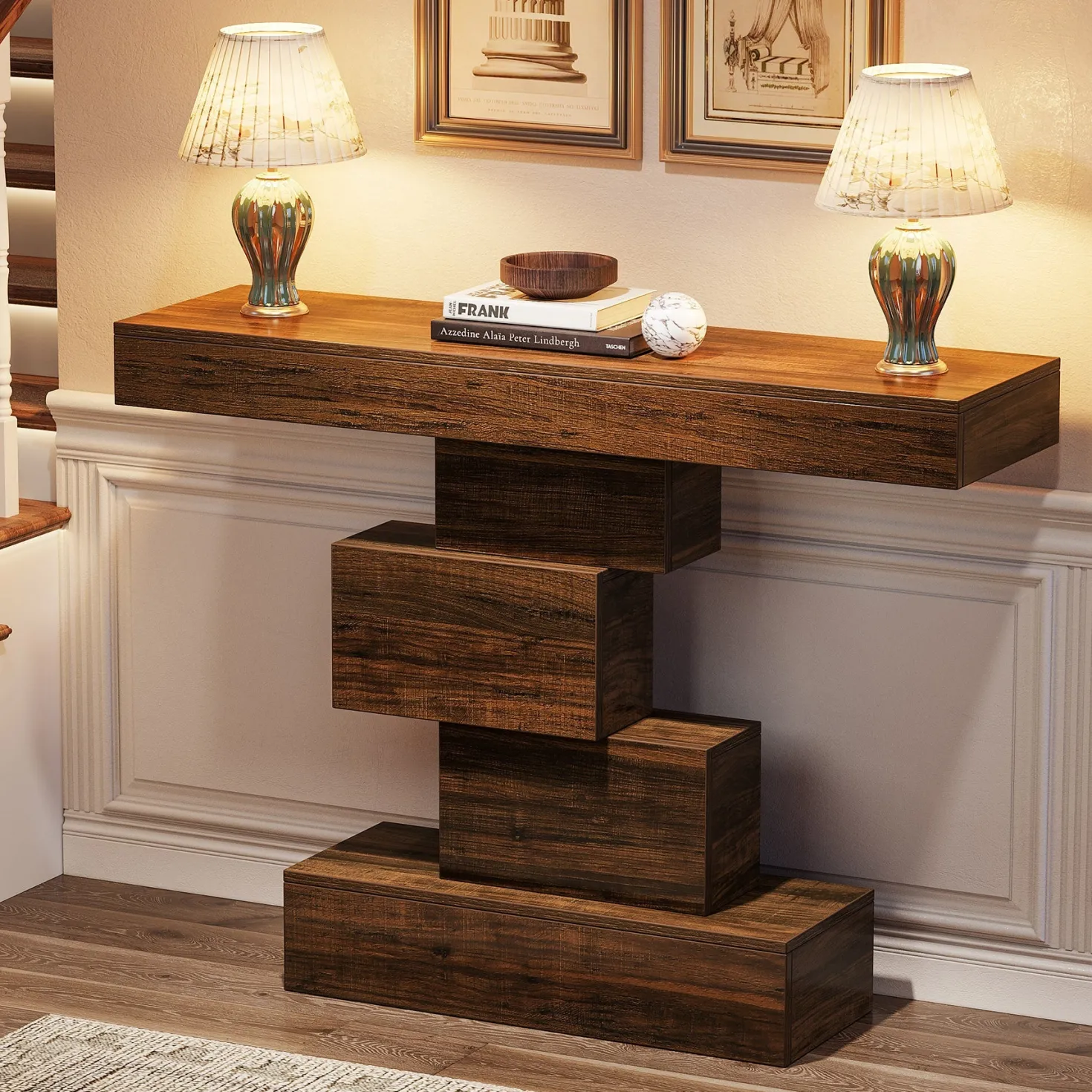 42" Console Table, Wood Sofa Table Accent Table with Geometric Base