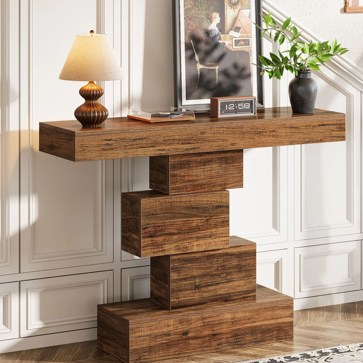 42" Console Table, Wood Sofa Table Accent Table with Geometric Base