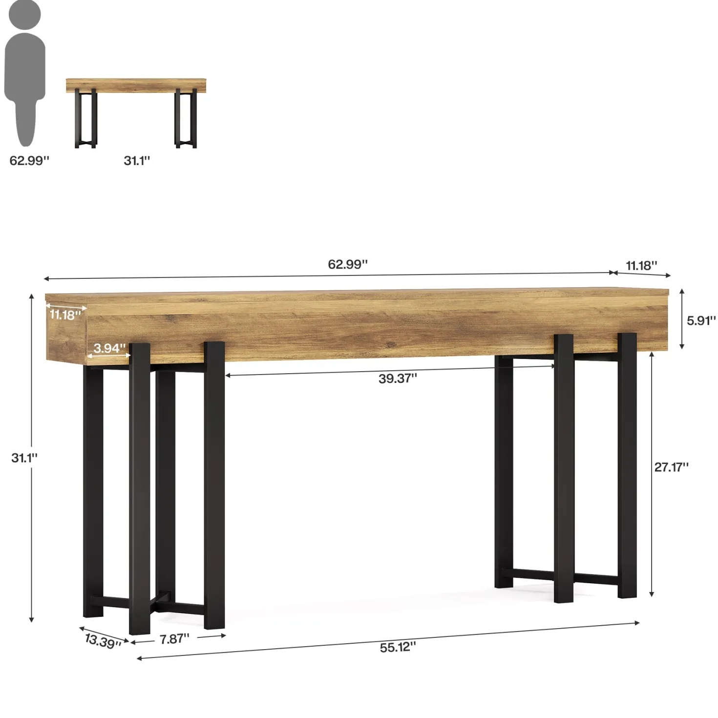 63" Console Table, Wooden Sofa Table Hallway Foyer Table