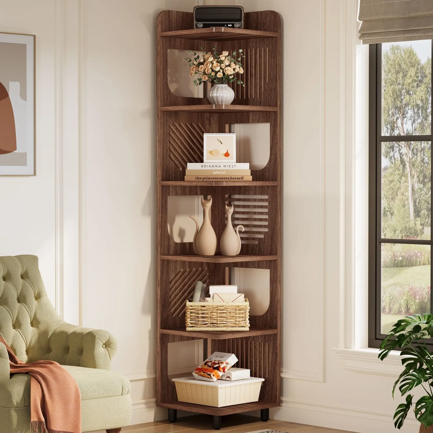 71" Corner Shelf, Narrow Bookshelf Display Shelf with Storage Rack