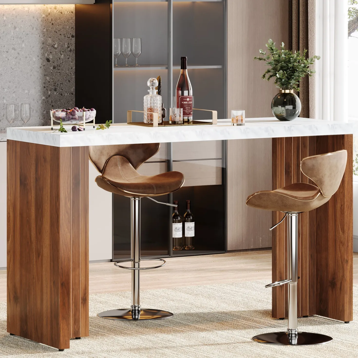55" Counter Height Bar Unit with Faux Marble Top, Rectangular Home Pub Table
