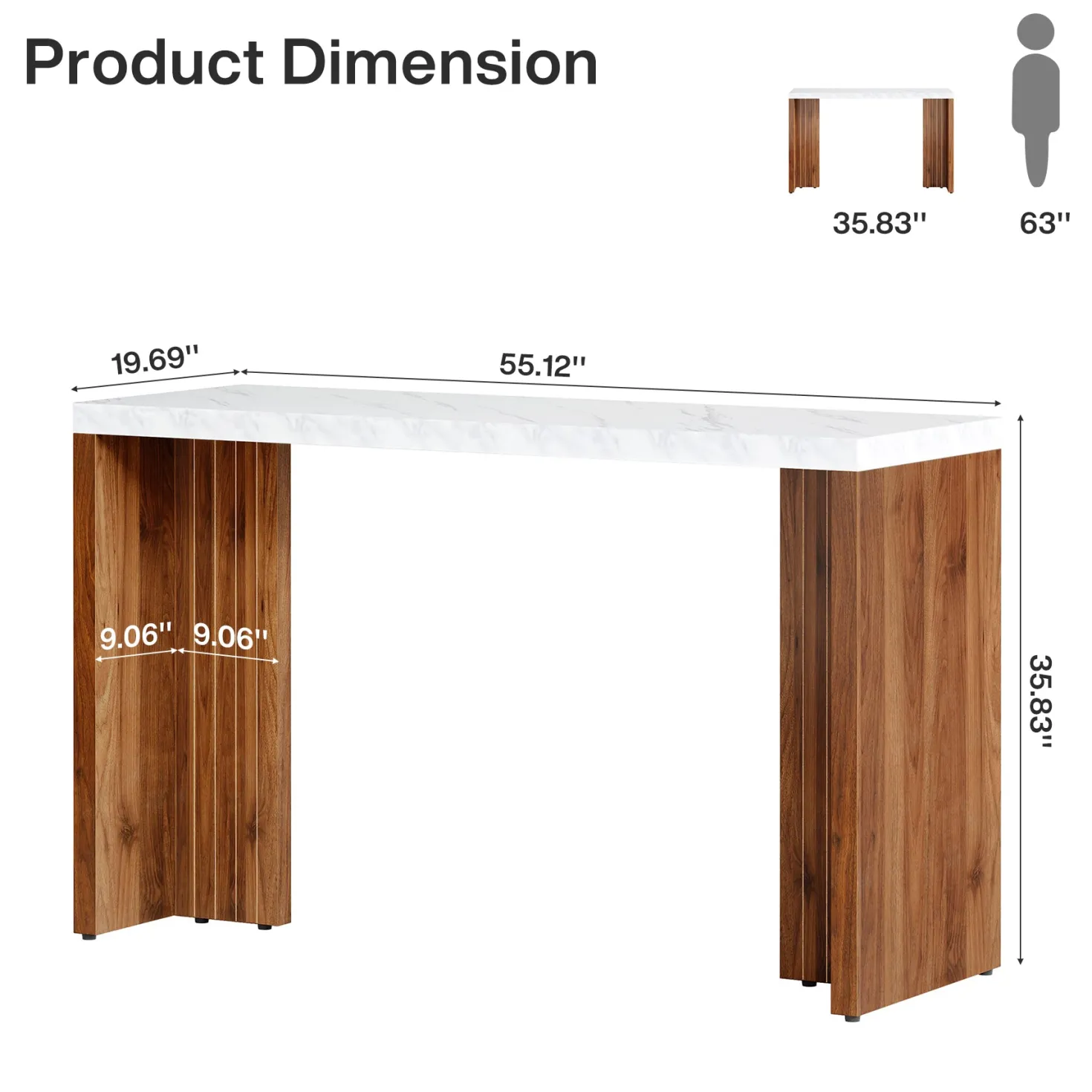 55" Counter Height Bar Unit with Faux Marble Top, Rectangular Home Pub Table