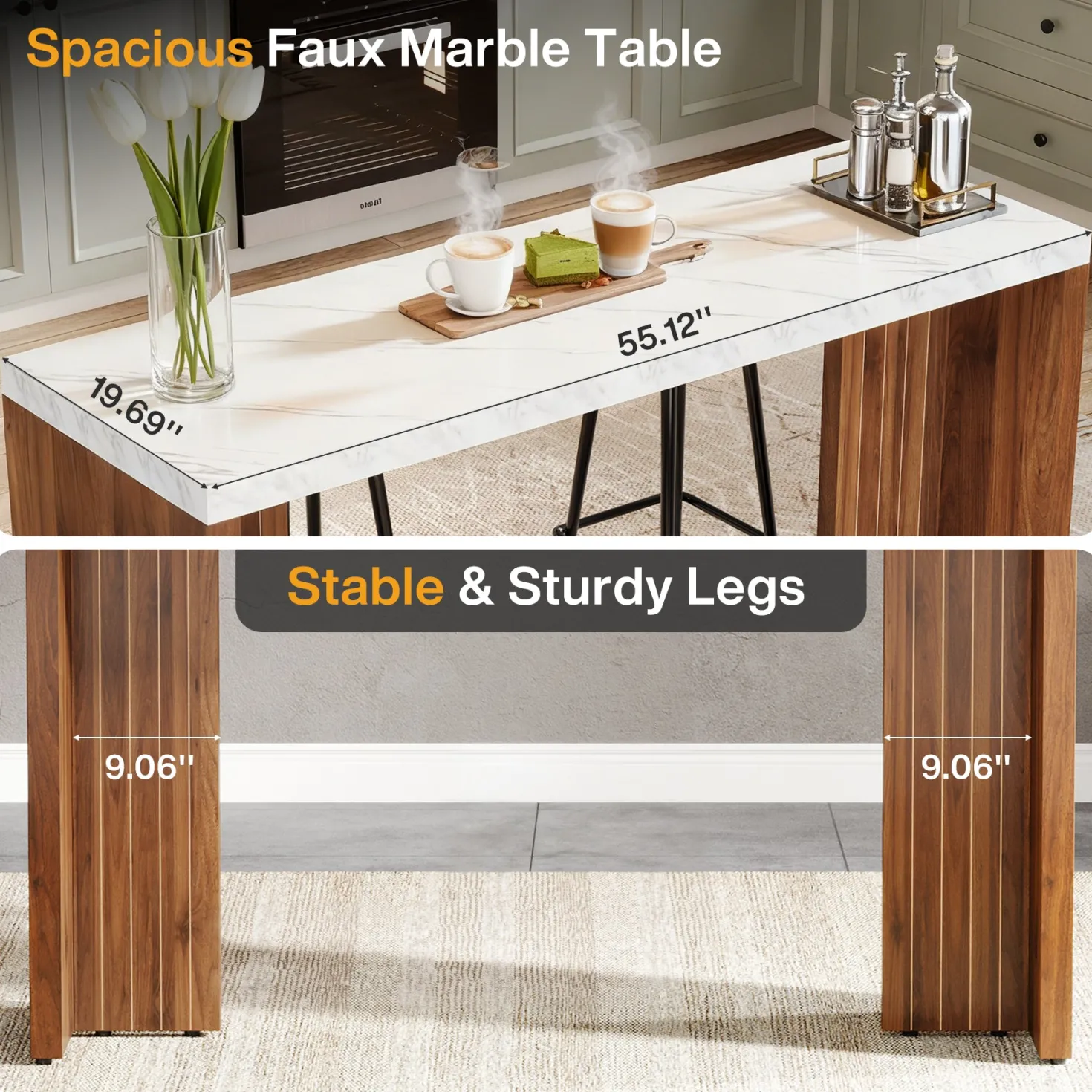 55" Counter Height Bar Unit with Faux Marble Top, Rectangular Home Pub Table