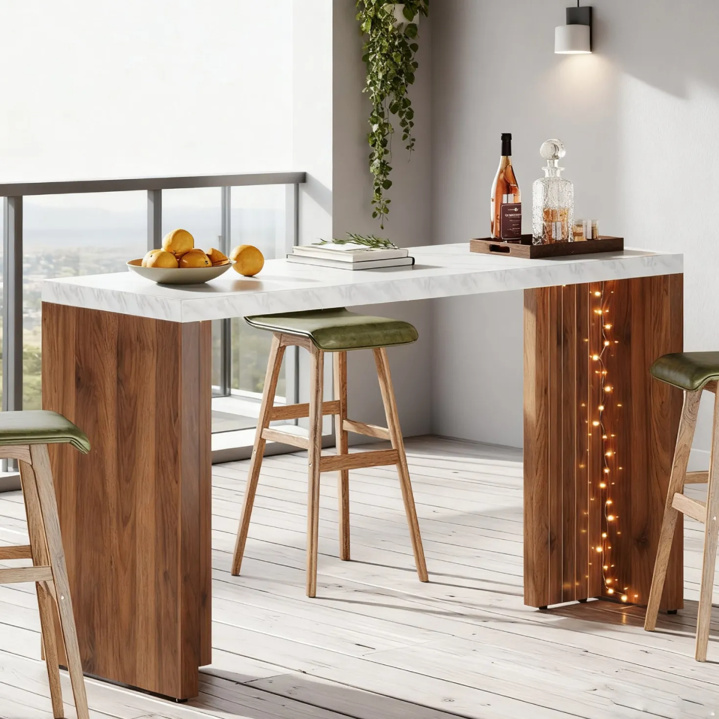 55" Counter Height Bar Unit with Faux Marble Top, Rectangular Home Pub Table