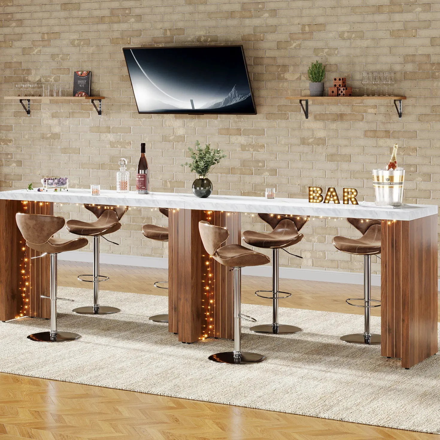 55" Counter Height Bar Unit with Faux Marble Top, Rectangular Home Pub Table