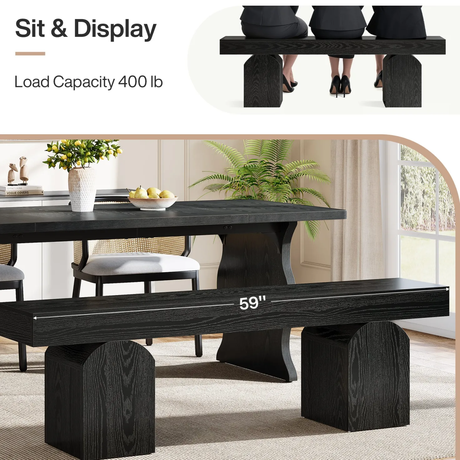 59" Dining Bench, Modern Kitchen Seating with Arched Base for 2 to 3