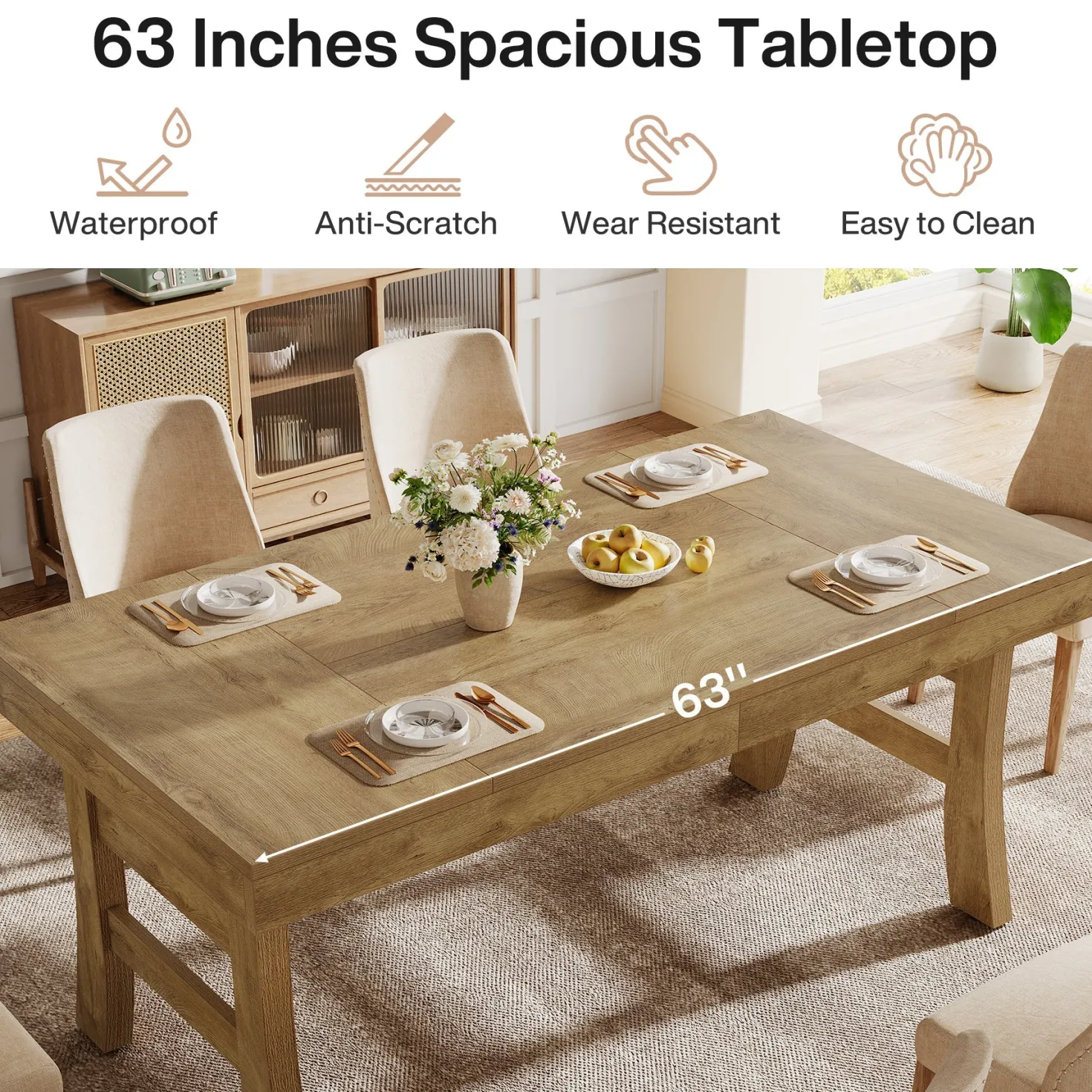 63" Dining Table, Farmhouse Kitchen Dinner Table for 4-6 People
