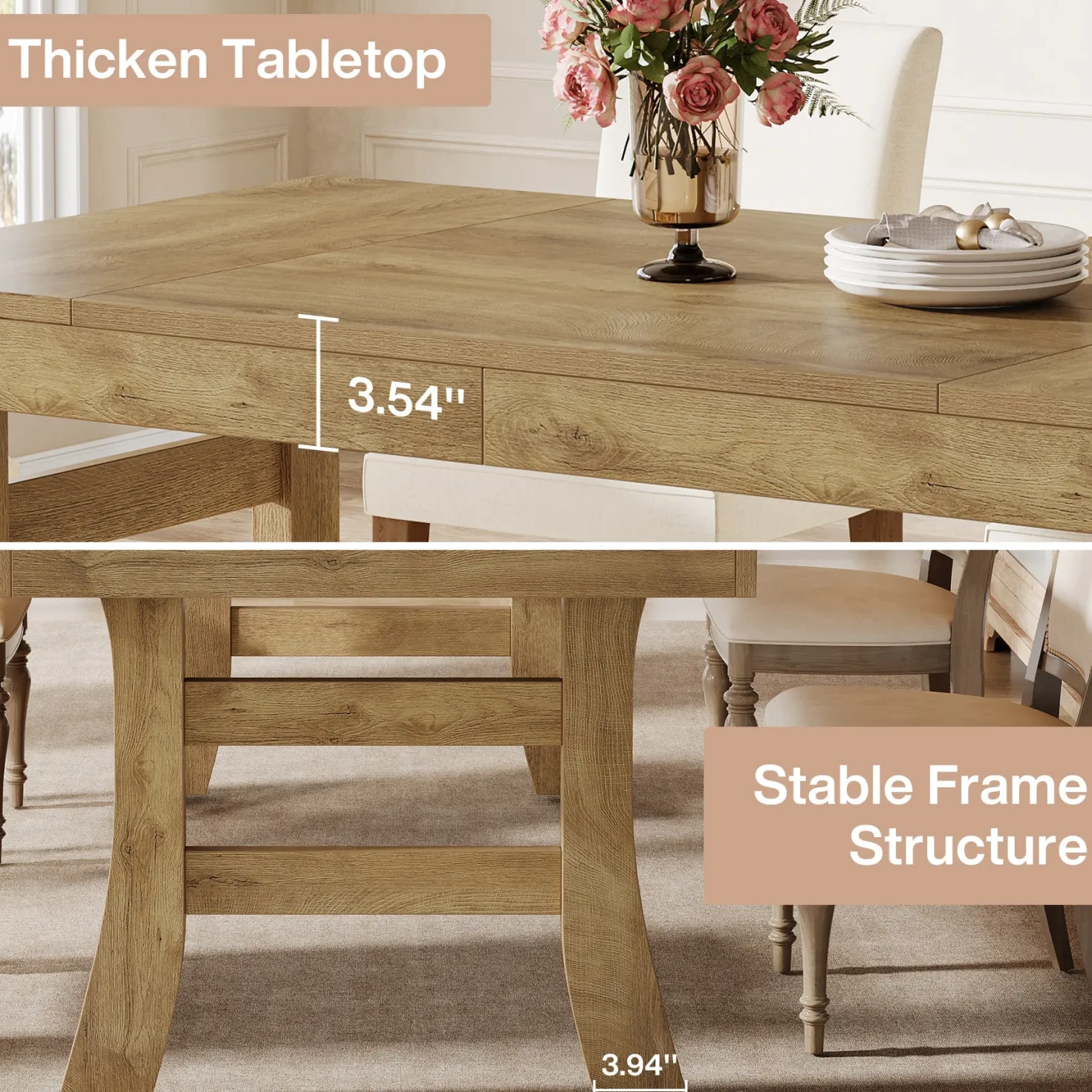 63" Dining Table, Farmhouse Kitchen Dinner Table for 4-6 People