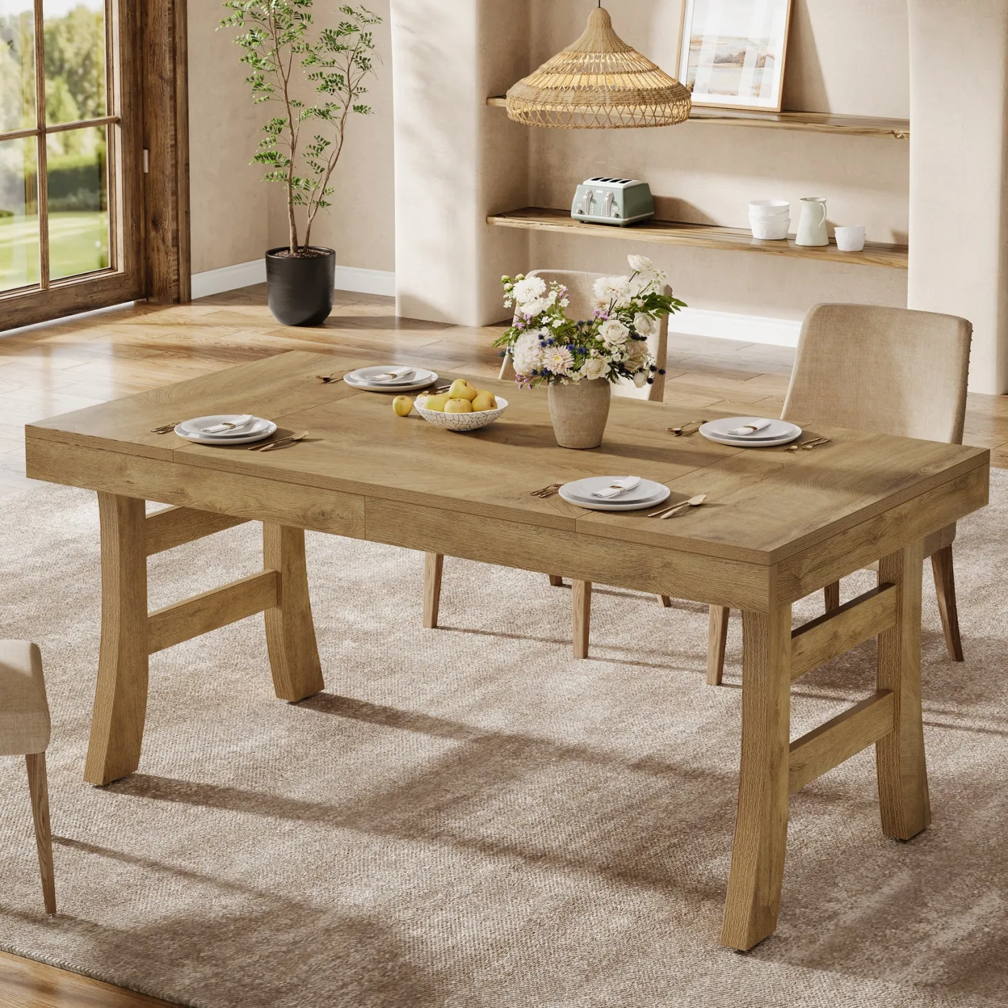 63" Dining Table, Farmhouse Kitchen Dinner Table for 4-6 People