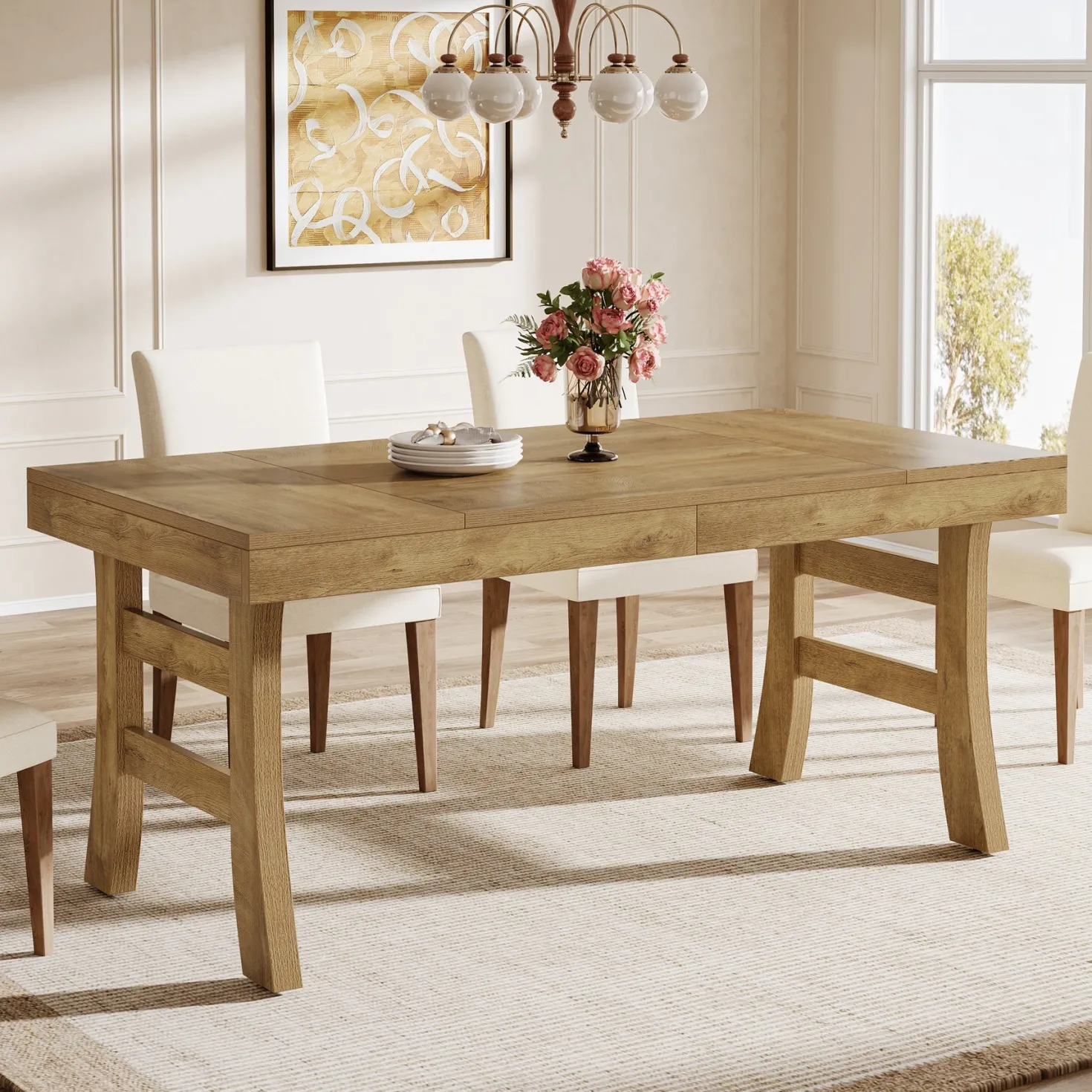 63" Dining Table, Farmhouse Kitchen Dinner Table for 4-6 People