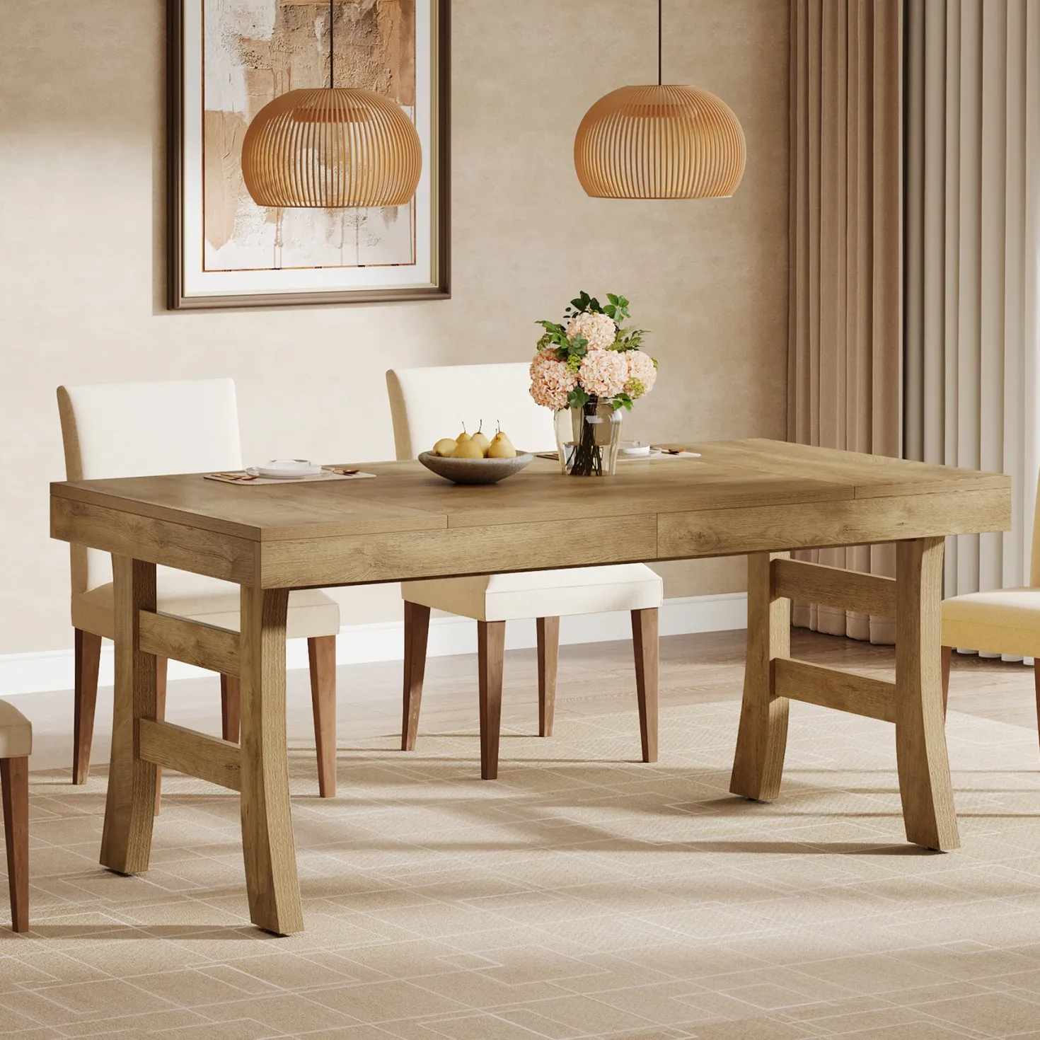 63" Dining Table, Farmhouse Kitchen Dinner Table for 4-6 People