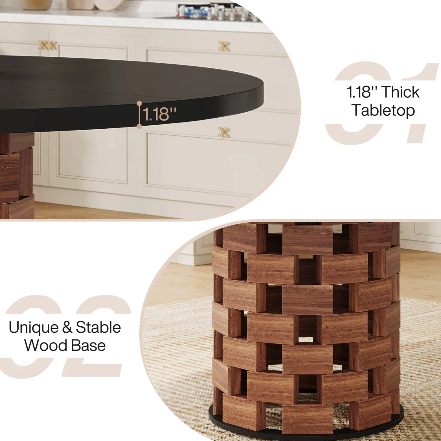 47" Dining Table, Farmhouse Round Kitchen Table for 4-6 People