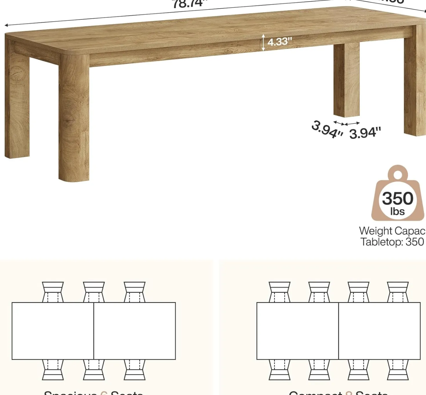 78.74" Dining Table for 6-8, Farmhouse Kitchen Table with Rounded Edges