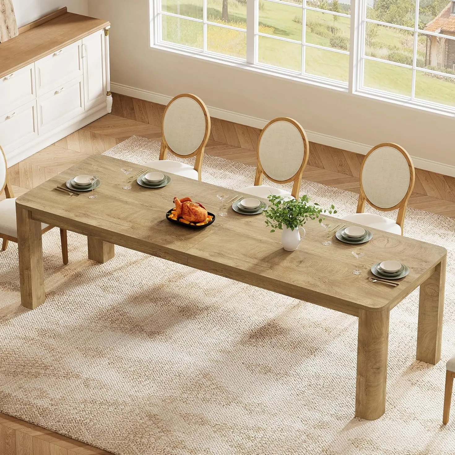 78.74" Dining Table for 6-8, Farmhouse Kitchen Table with Rounded Edges