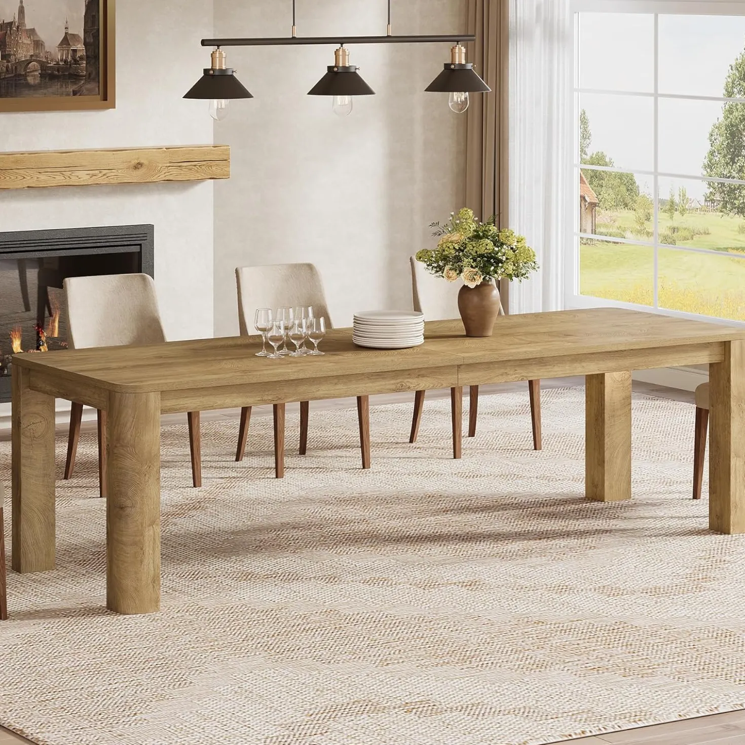 78.74" Dining Table for 6-8, Farmhouse Kitchen Table with Rounded Edges