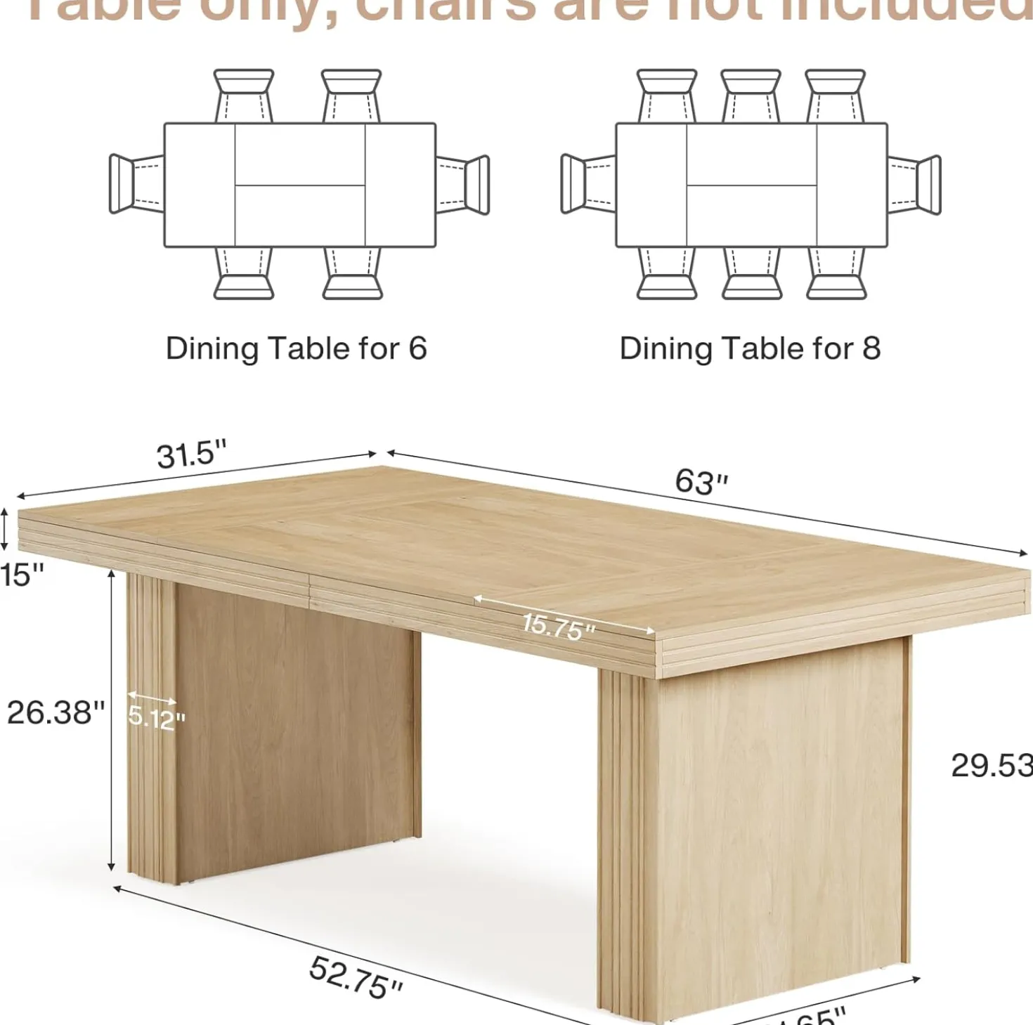 63" Dining Table for 6, Modern Kitchen Table with Fluted Line