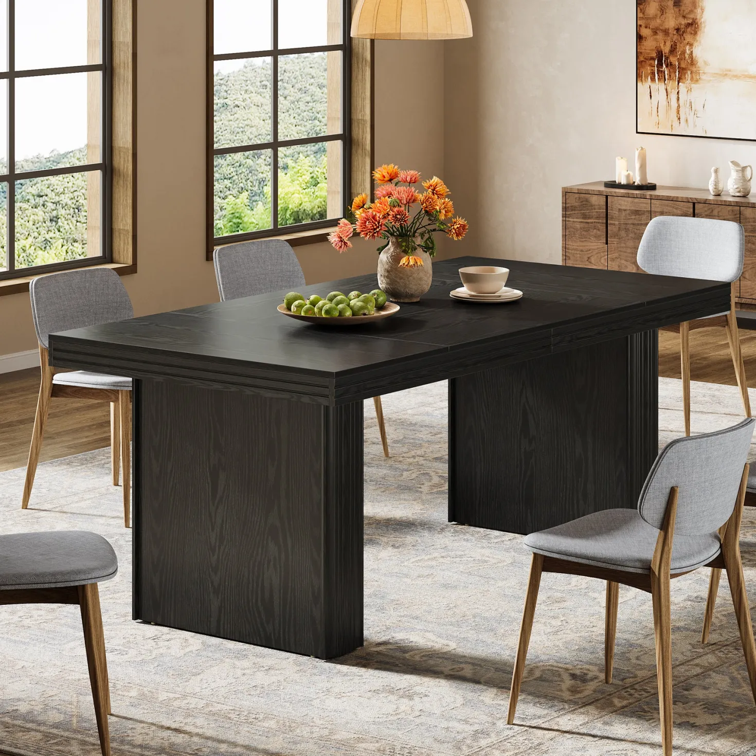63" Dining Table for 6, Modern Kitchen Table with Fluted Line