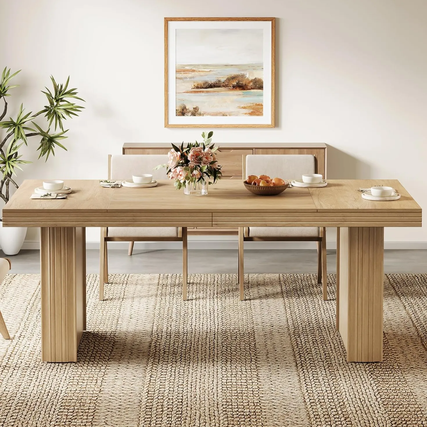 63" Dining Table for 6, Modern Kitchen Table with Fluted Line
