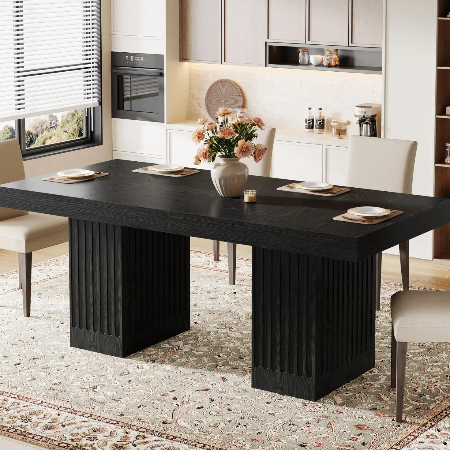 63" Dining Table for 4-6 People, Rectangular Kitchen Table with Double Pedestal