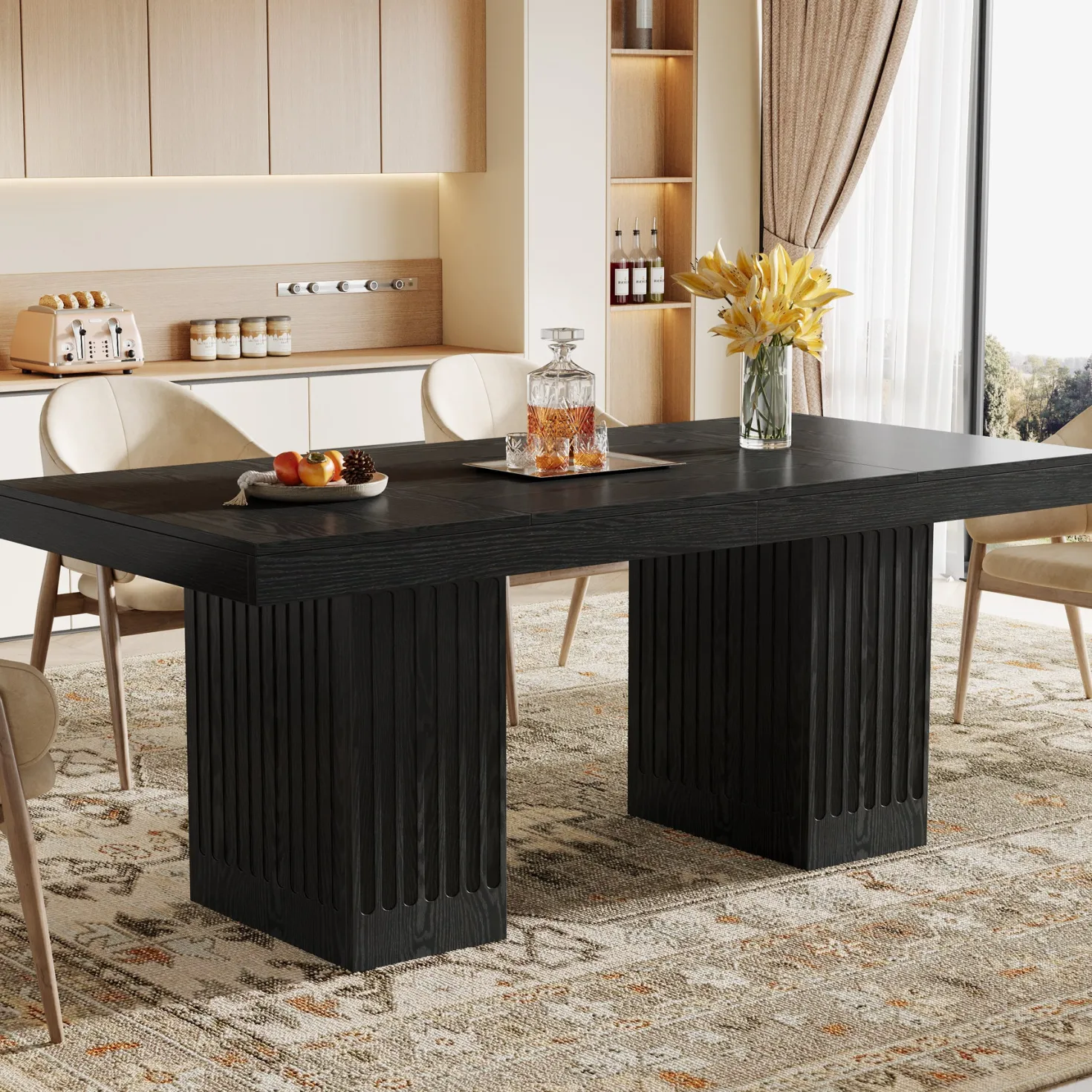 63" Dining Table for 4-6 People, Rectangular Kitchen Table with Double Pedestal