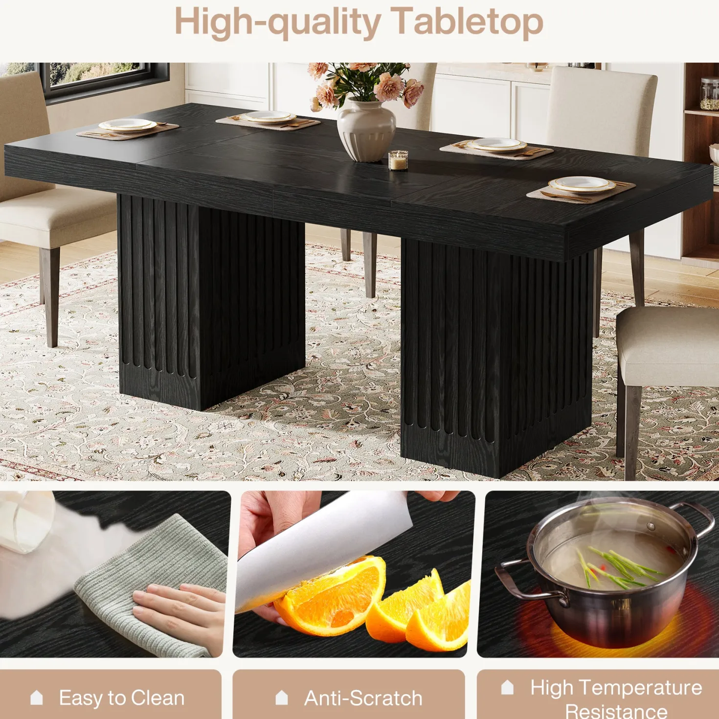 63" Dining Table for 4-6 People, Rectangular Kitchen Table with Double Pedestal