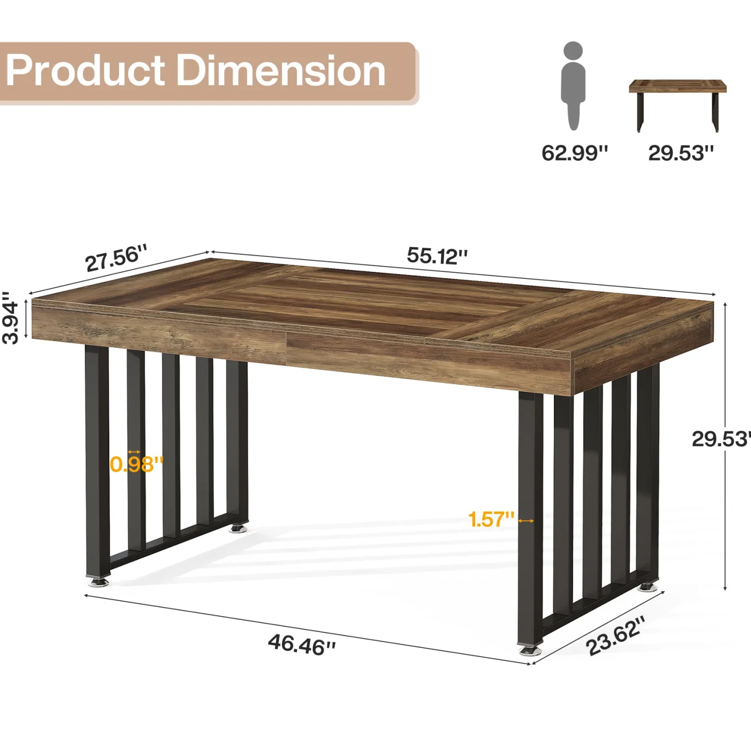 55.12" Dining Table for 4-6 People, Rectangle Kitchen Table with Metal Frame