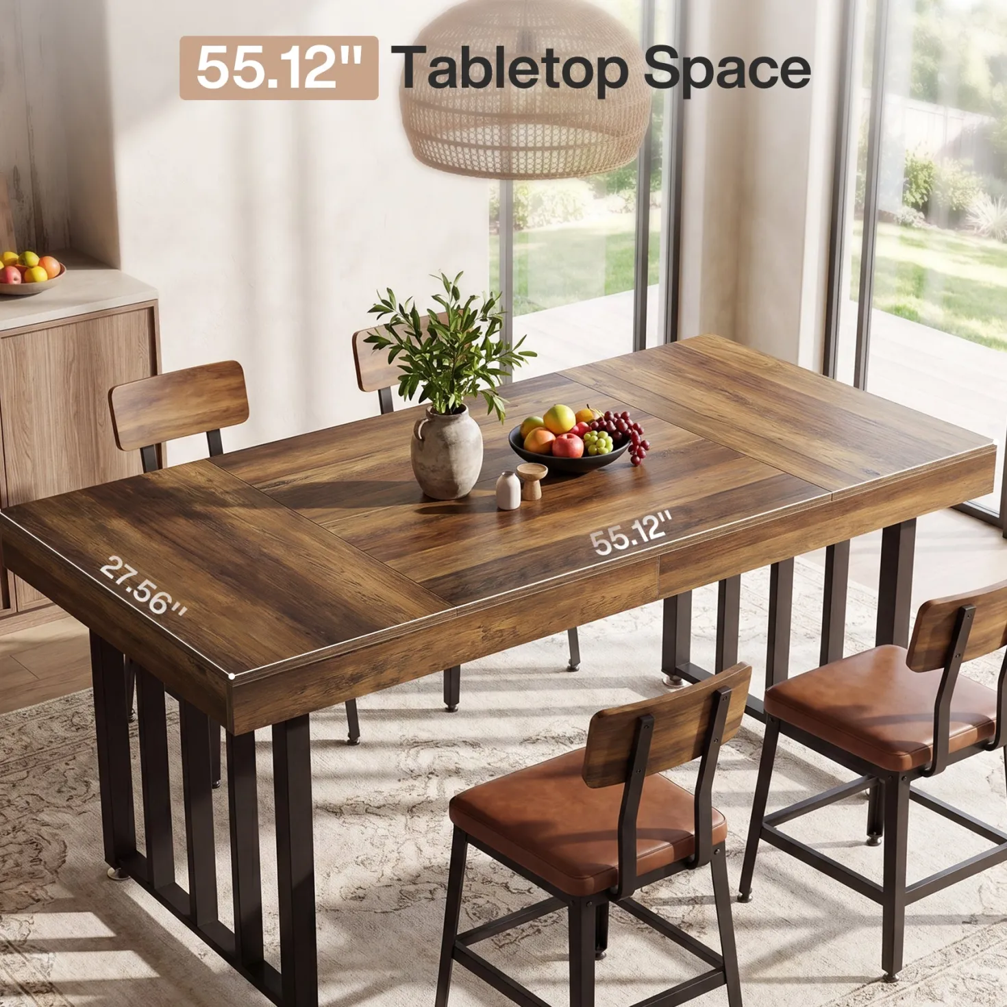 55.12" Dining Table for 4-6 People, Rectangle Kitchen Table with Metal Frame