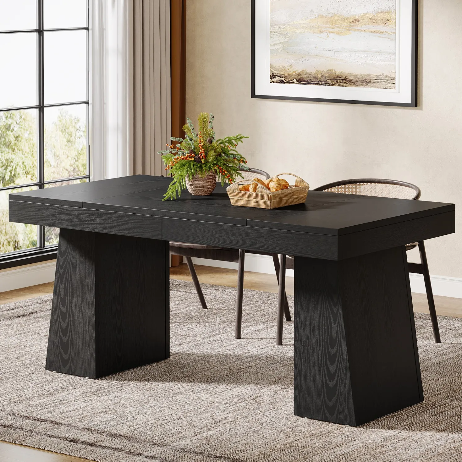 55" Dining Table for 4-6, Rectangular Kitchen Dinner Tables with Sturdy Legs