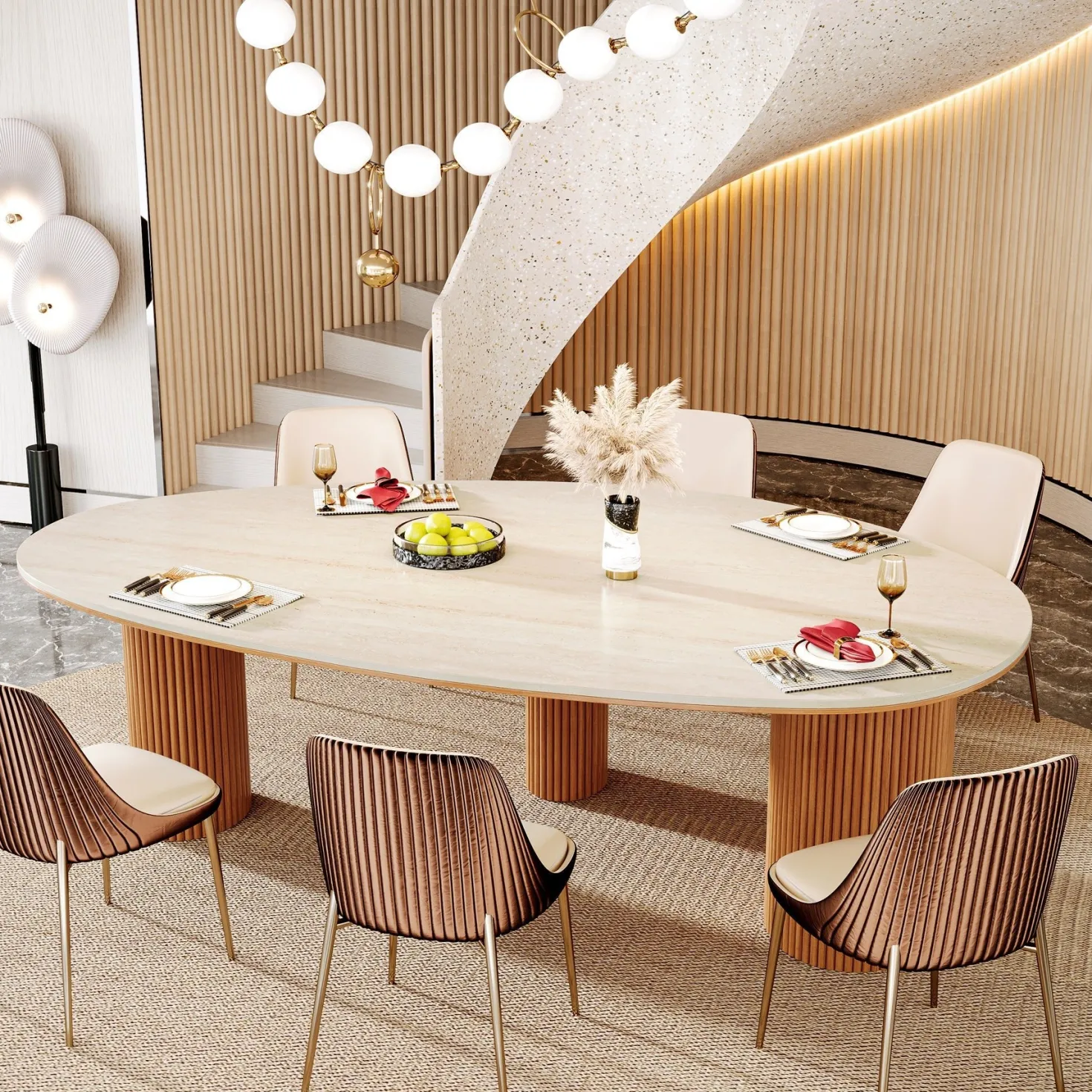 86" Dining Table, Oval -Shaped Stone Kitchen Dinner Table for 6 People