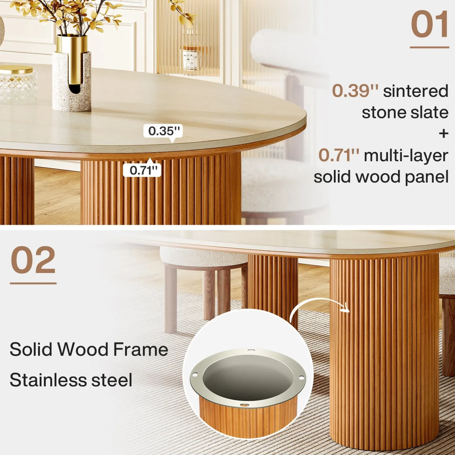 86" Dining Table, Oval -Shaped Stone Kitchen Dinner Table for 6 People