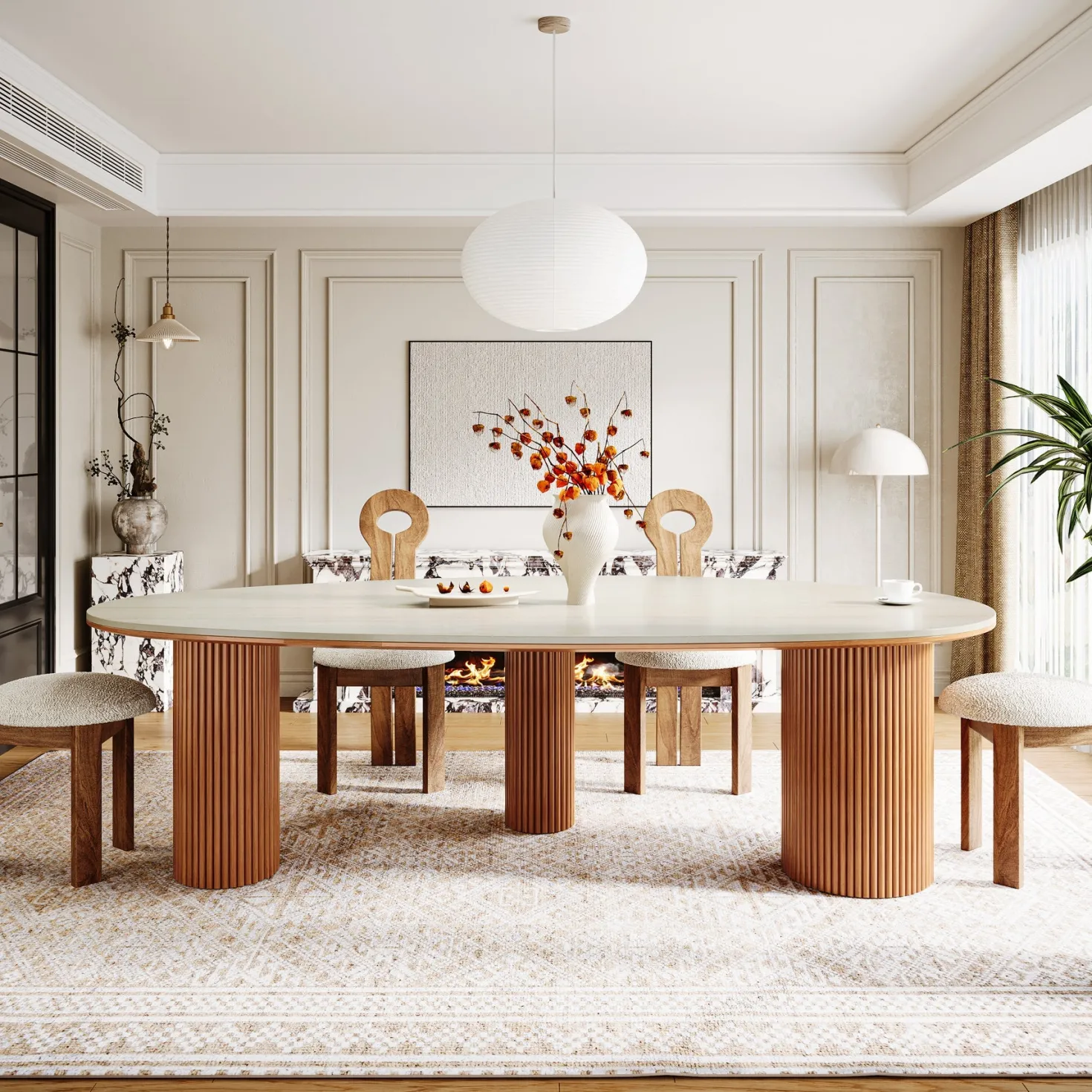 86" Dining Table, Oval -Shaped Stone Kitchen Dinner Table for 6 People
