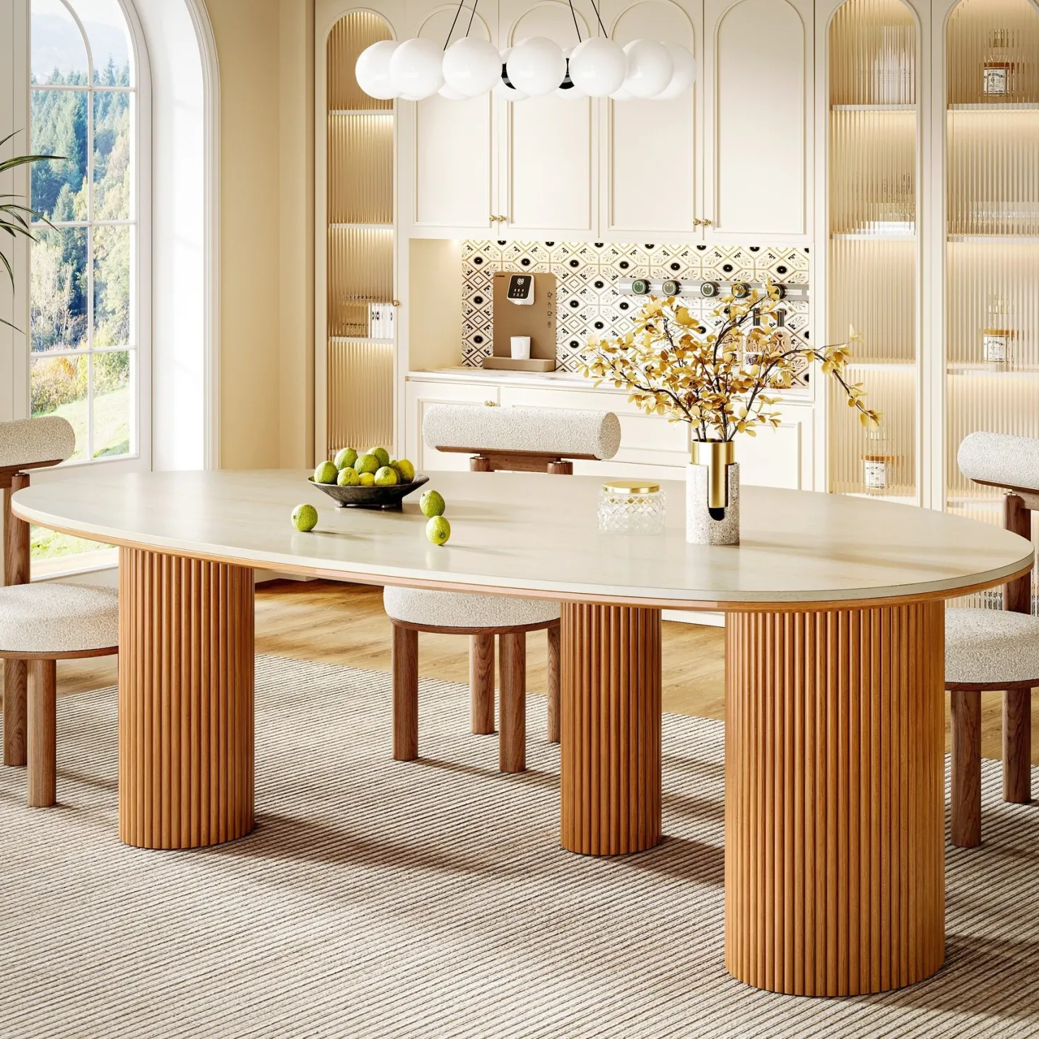 86" Dining Table, Oval -Shaped Stone Kitchen Dinner Table for 6 People