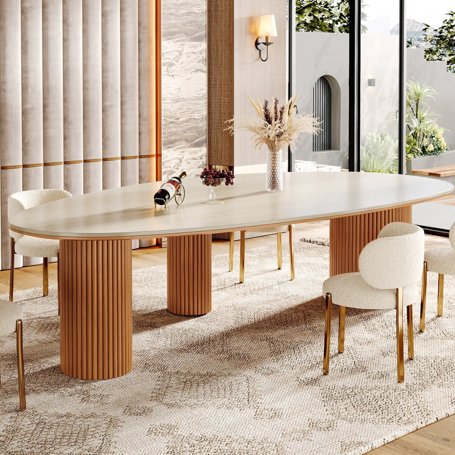 86" Dining Table, Oval -Shaped Stone Kitchen Dinner Table for 6 People