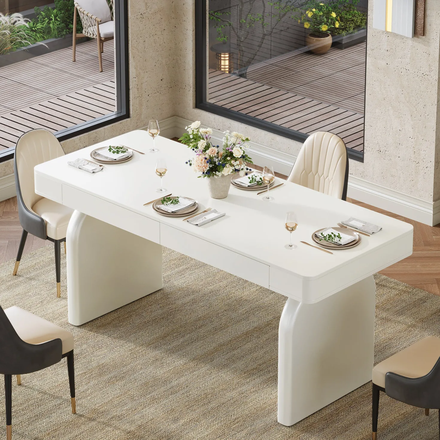 63" Dining Table, Rectangular Kitchen Table with 2 Drawers for 4-6 People