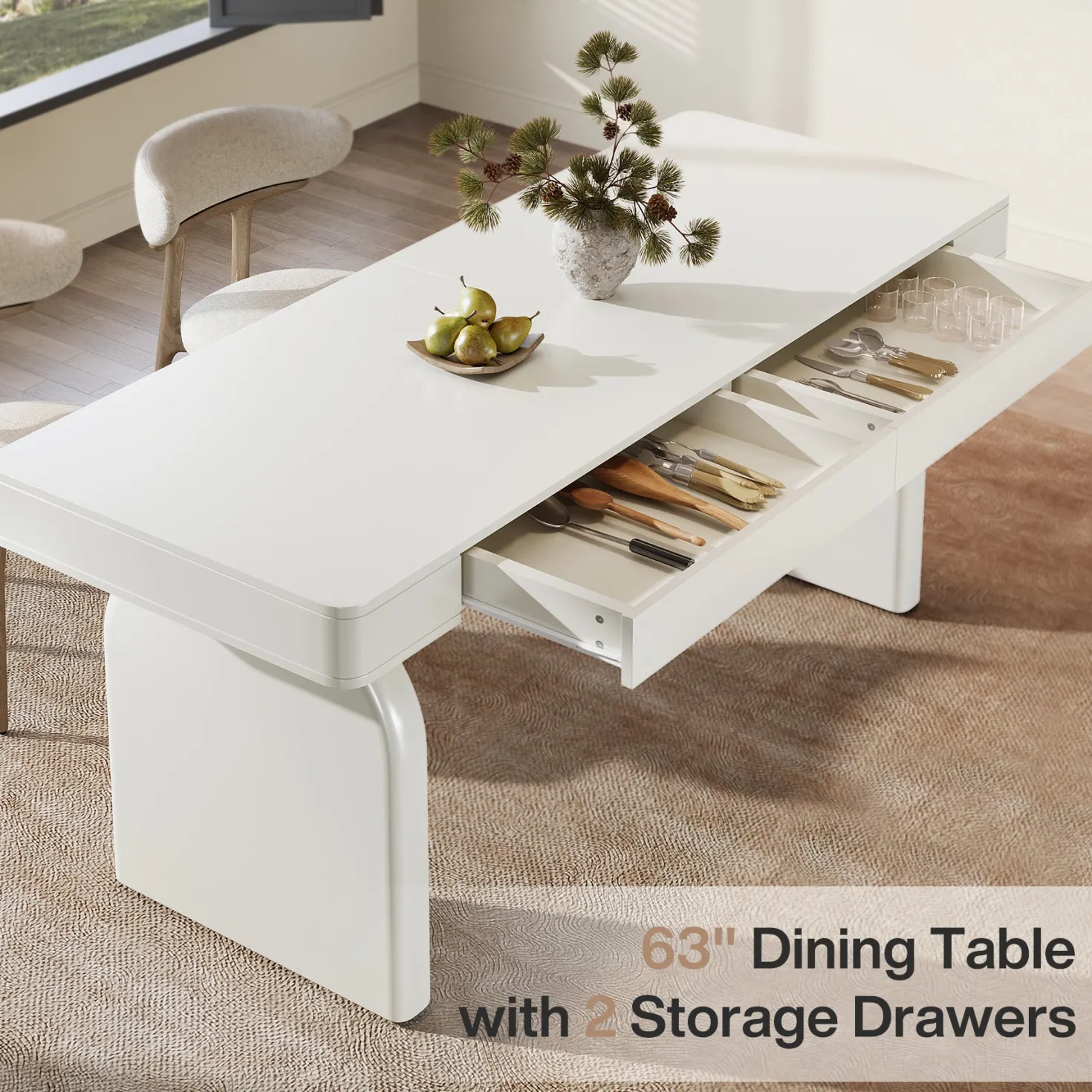 63" Dining Table, Rectangular Kitchen Table with 2 Drawers for 4-6 People
