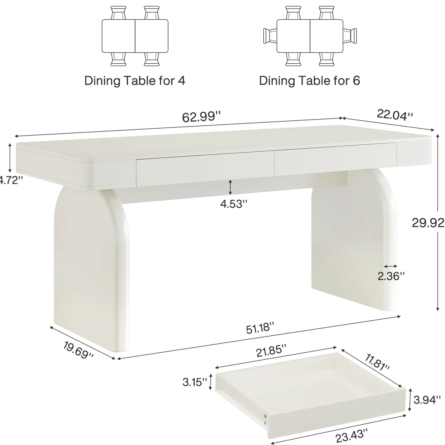 63" Dining Table, Rectangular Kitchen Table with 2 Drawers for 4-6 People